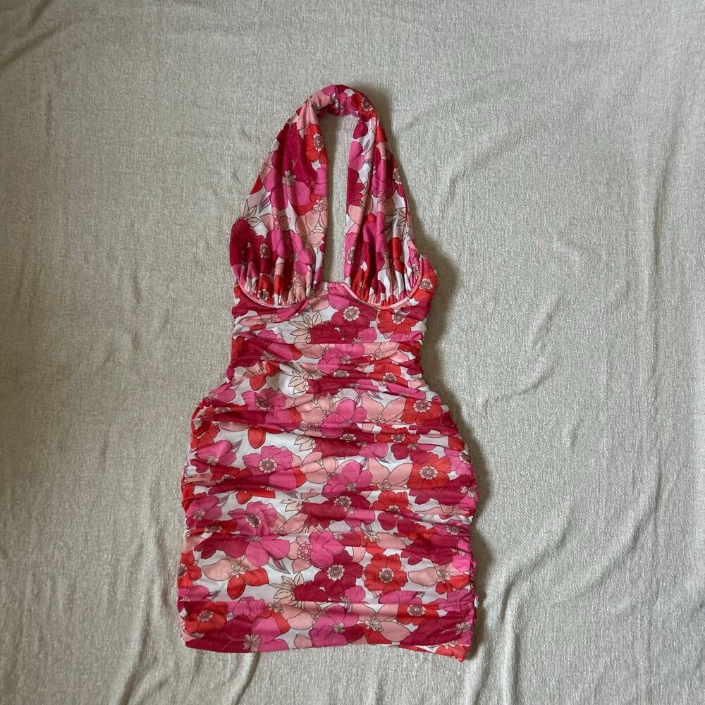 hot pink floral print halter neck mini dress